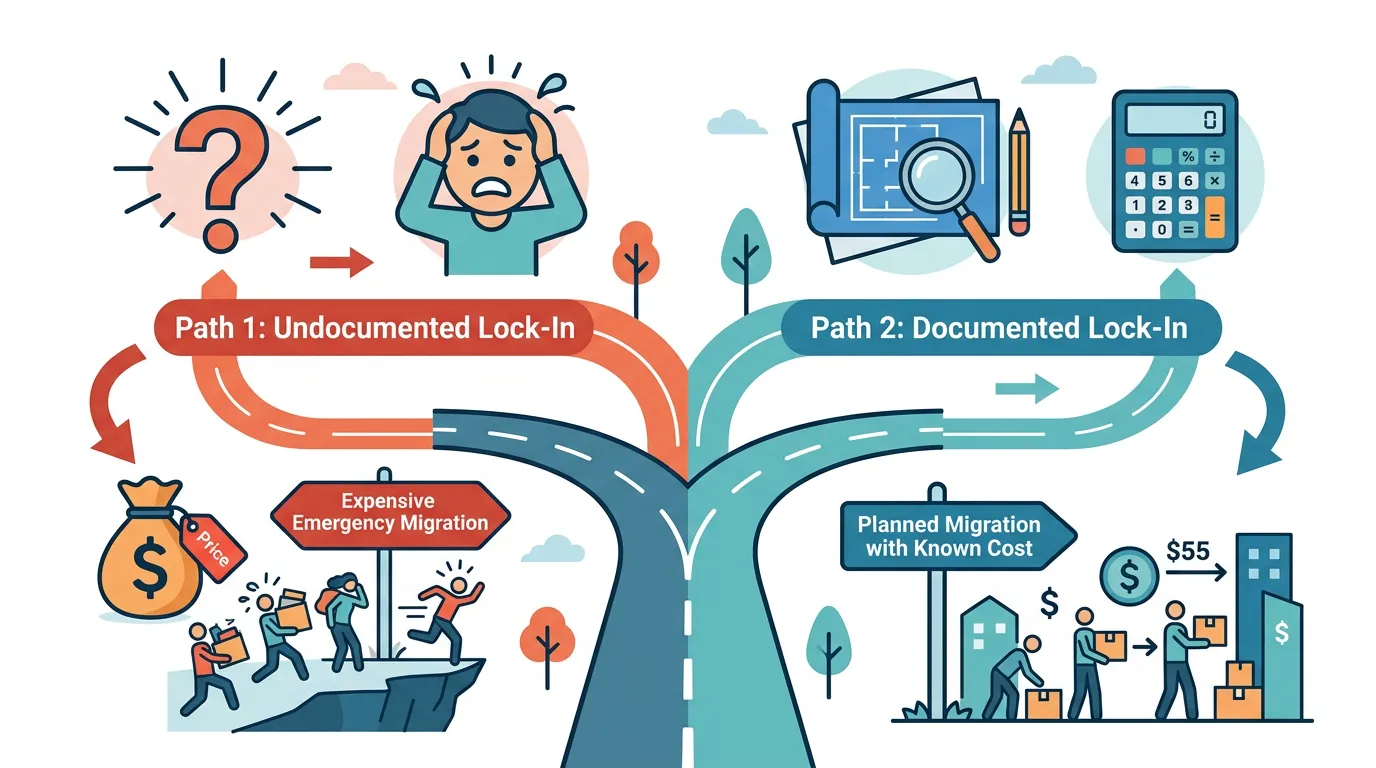 Two paths showing undocumented lock-in leading to uncertain cost and panic migration versus documented lock-in leading to planned migration with known cost