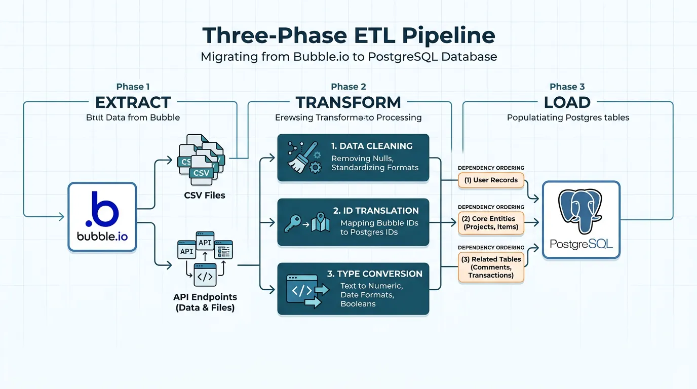 Three-phase ETL pipeline diagram showing Extract from Bubble CSV and API, Transform with ID translation and type conversion, and Load into PostgreSQL with dependency ordering