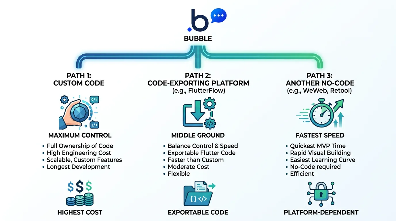 Decision tree showing three exit paths from Bubble with criteria for choosing each: custom code for maximum control, code-exporting for middle ground, another no-code for speed