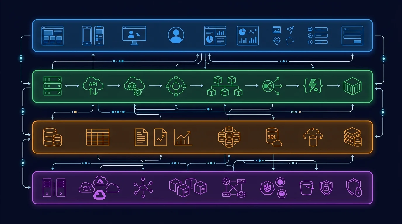 Diagram showing four Bubble architecture layers with arrows pointing to their AI-generated code equivalents in a custom code stack