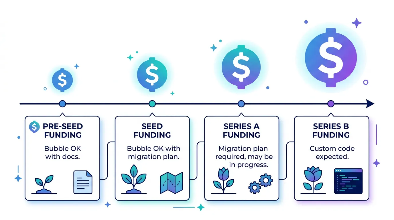 Timeline showing typical funding stages from pre-seed to Series B with corresponding expectations for Bubble usage, migration planning, and custom code requirements