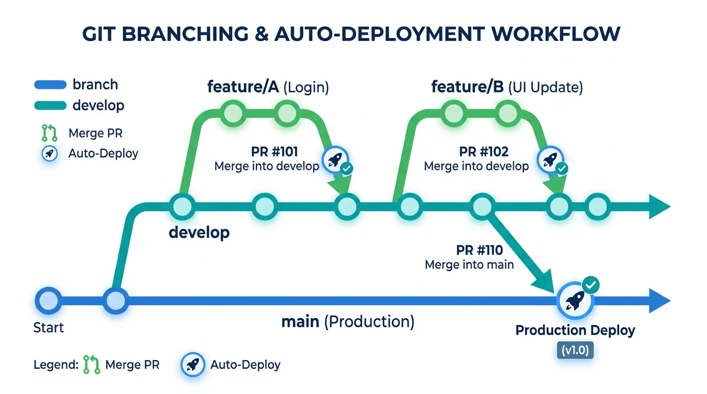 Git branching diagram showing feature branches merging to develop for staging, then develop merging to main for production with auto-deploy at each step