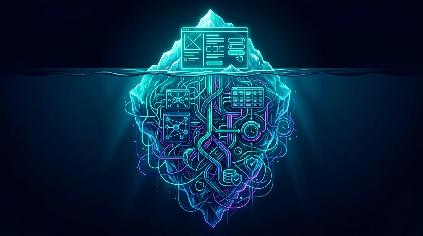Iceberg diagram showing visible Bubble.io features above the surface and hidden backend complexity below