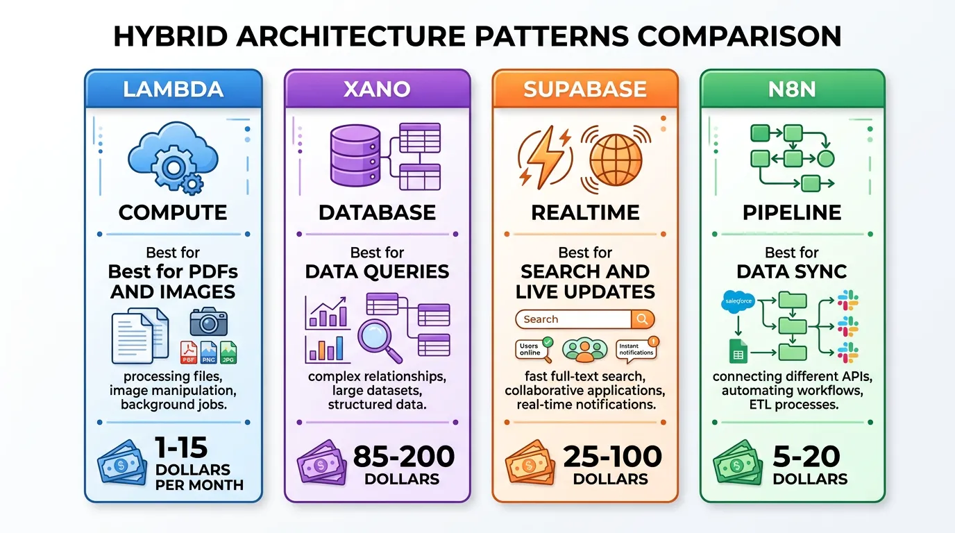 Comparison grid showing four hybrid patterns with their strengths, costs, and best use cases: Lambda for compute, Xano for data, Supabase for real-time, n8n for pipelines