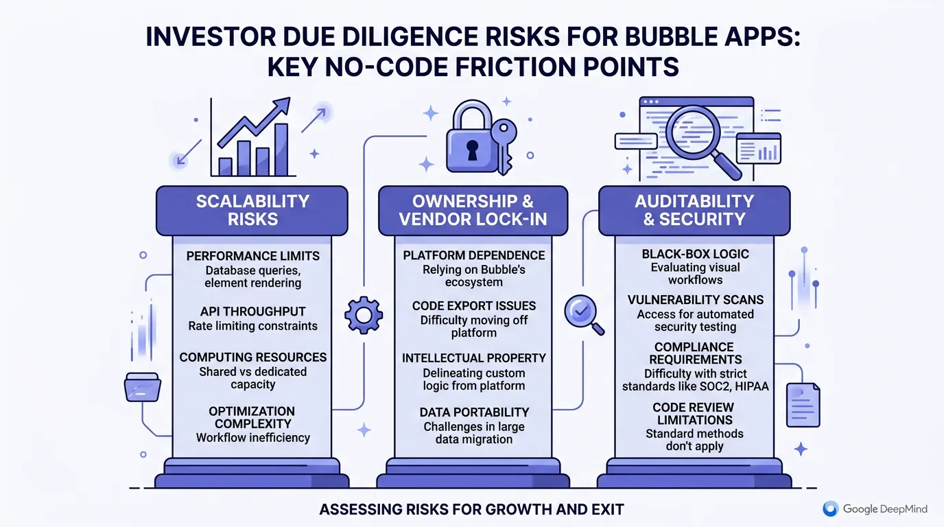 Diagram showing the three categories of technical risk investors evaluate — scalability, ownership, and auditability — and how Bubble apps create friction in each