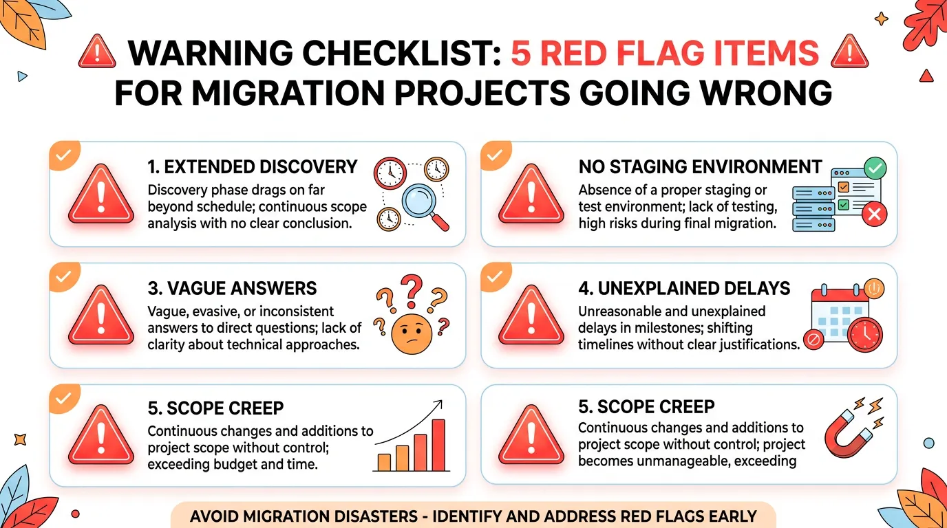 Warning sign checklist showing five red flags that indicate a Bubble migration is going wrong: extended discovery, no staging, vague answers, unexplained delays, scope creep