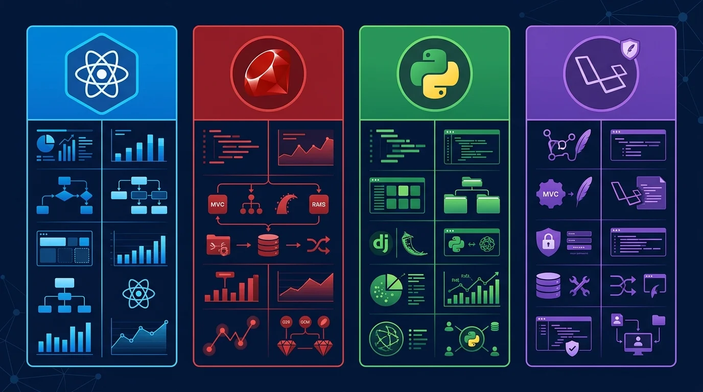 네 가지 프레임워크 로고가 있는 기술 스택 비교 다이어그램