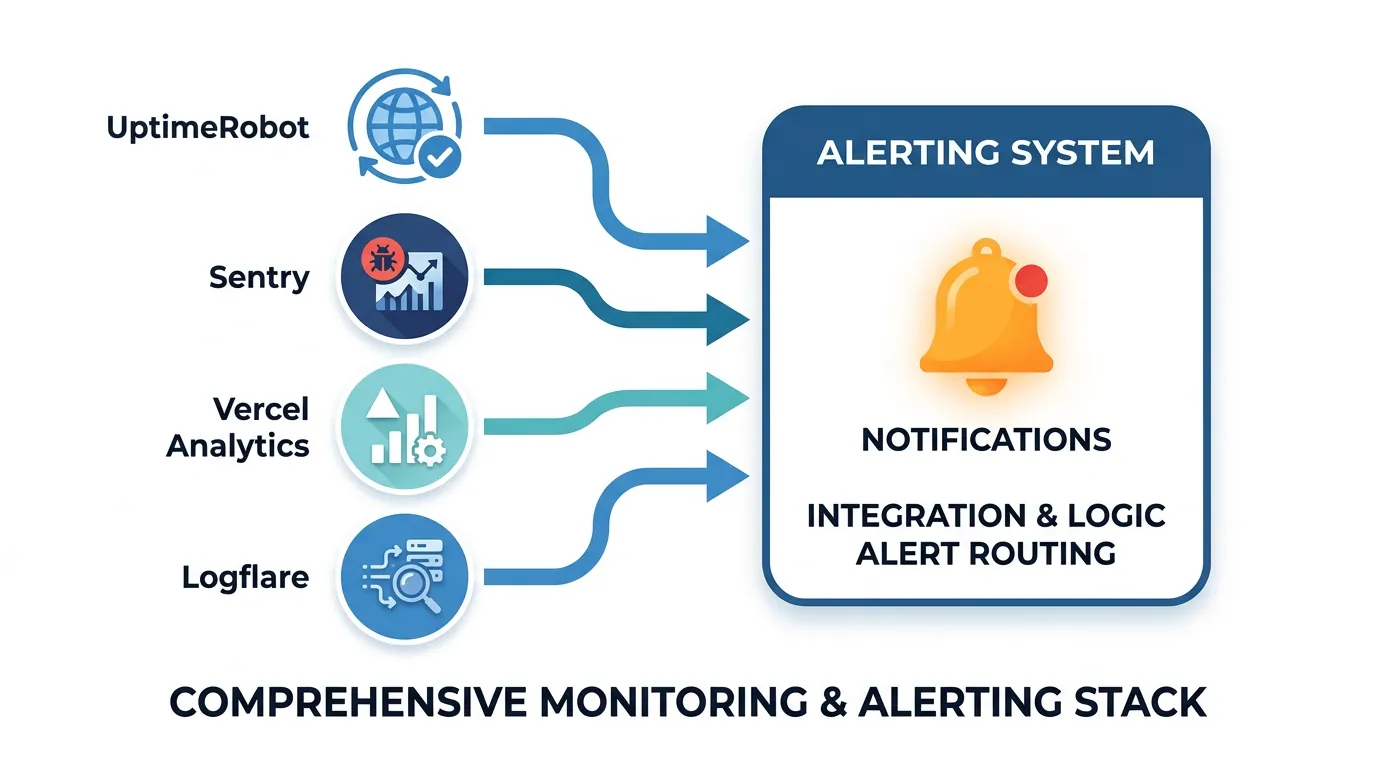 Monitoring stack diagram showing uptime checks, error tracking, performance monitoring, and log aggregation feeding into a centralized alerting system