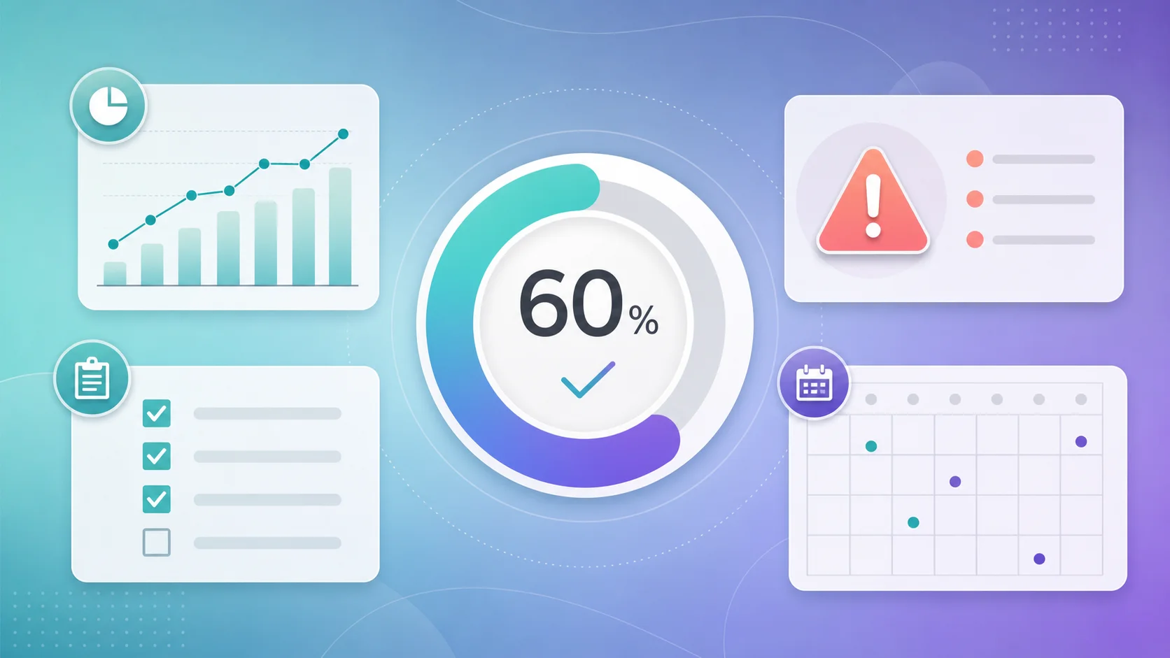 Weekly check-in dashboard for non-technical founder: progress ring, budget burn graph, blocker indicator, status checkboxes, milestone calendar