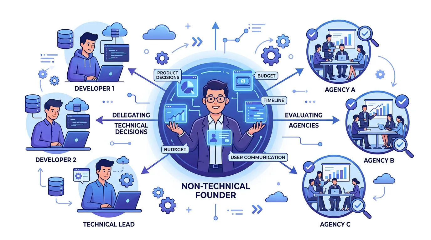 Diagram showing the non-technical founder's role in migration: product decisions, budget, timeline, and user communication versus technical decisions delegated to developers