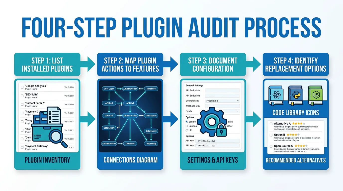 Four-step plugin audit process flowchart from listing installed plugins through mapping actions to documenting configuration and identifying replacements