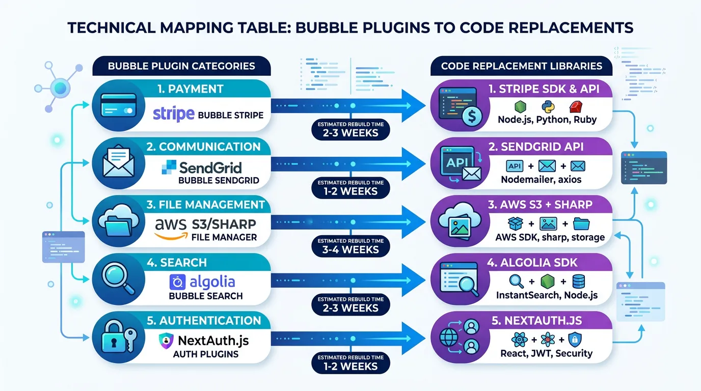 Table showing five common Bubble plugin categories with their code replacement libraries and estimated rebuild times