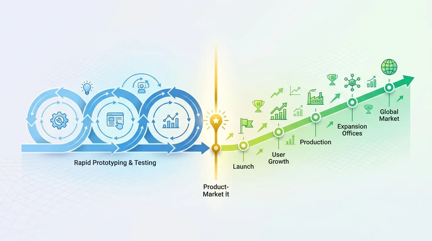 Timeline showing optimal migration timing relative to product-market fit stage