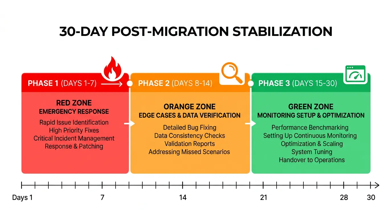 Timeline showing the three phases of post-migration stabilization: Week 1 emergency response, Week 2 edge cases, Weeks 3-4 optimization and cleanup