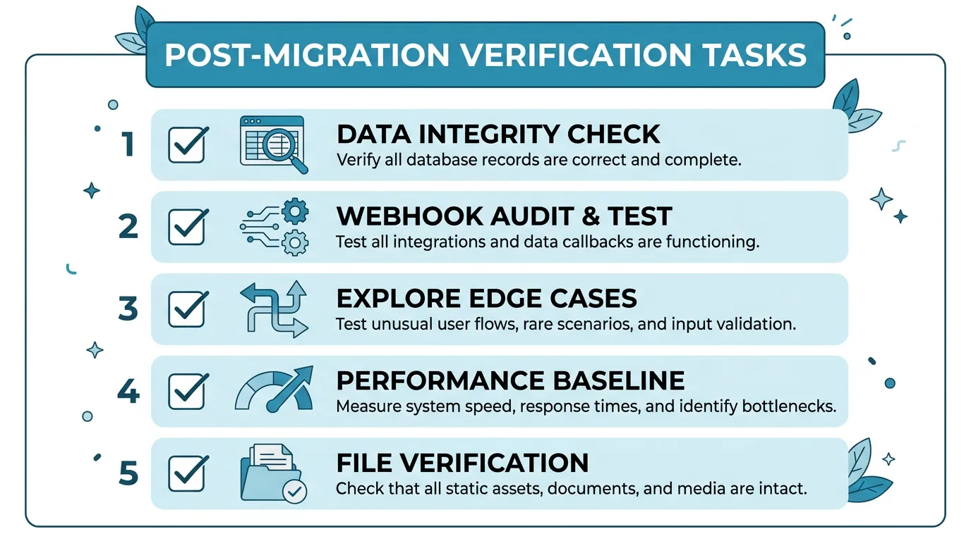 Checklist showing Week 2 stabilization tasks including data integrity verification, webhook audit, edge case triage, and performance baseline measurement