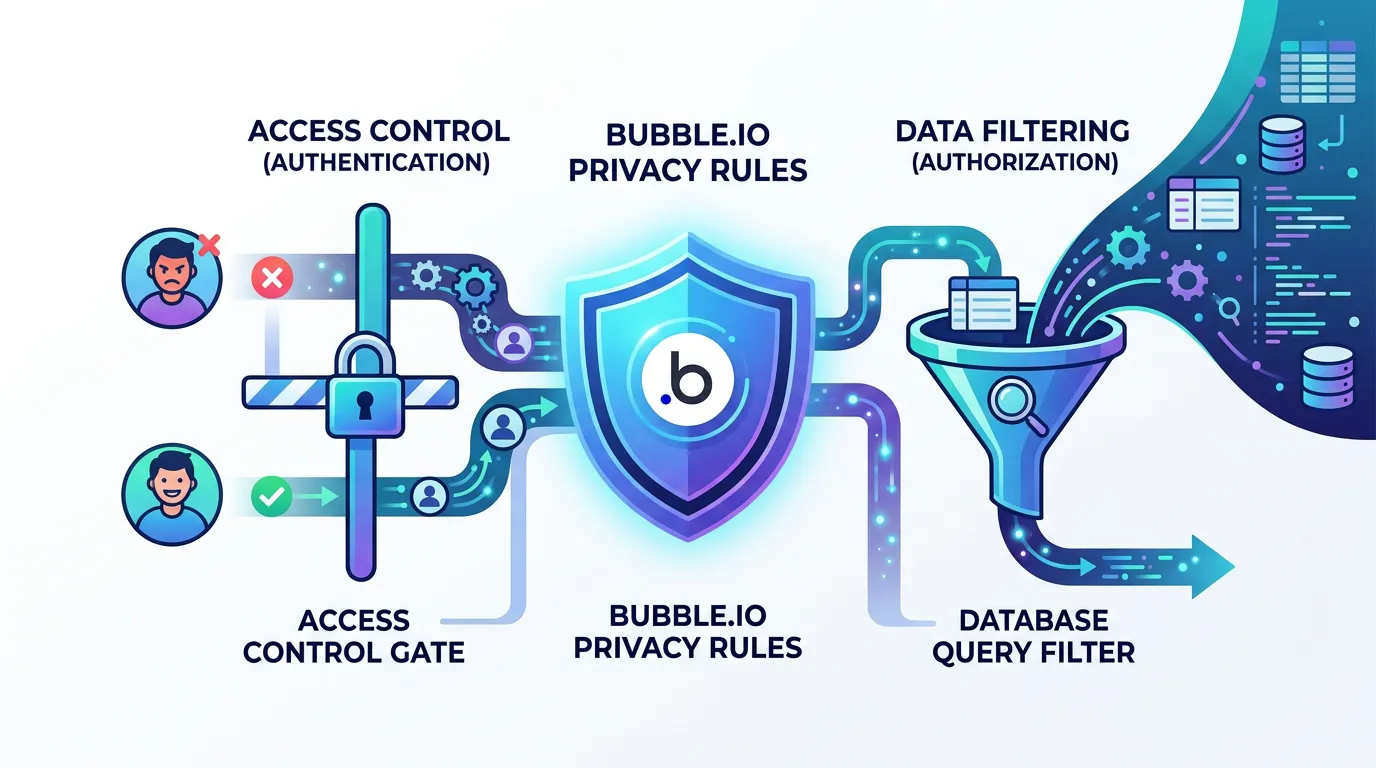 Diagram showing Bubble privacy rules functioning as both access control gates and invisible query filters that shape data visibility
