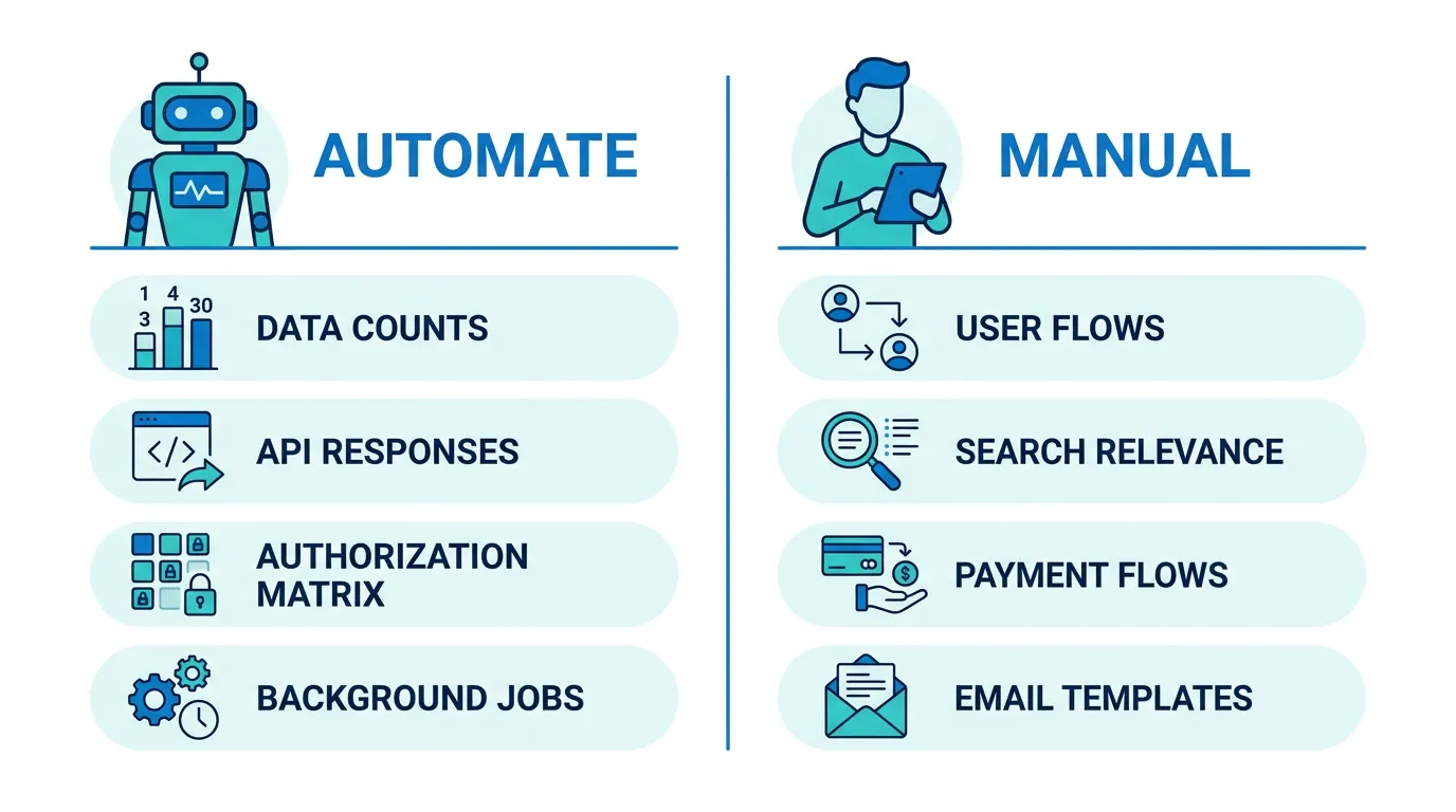 Diagram showing which test categories should be automated versus manually tested with reasoning for each decision