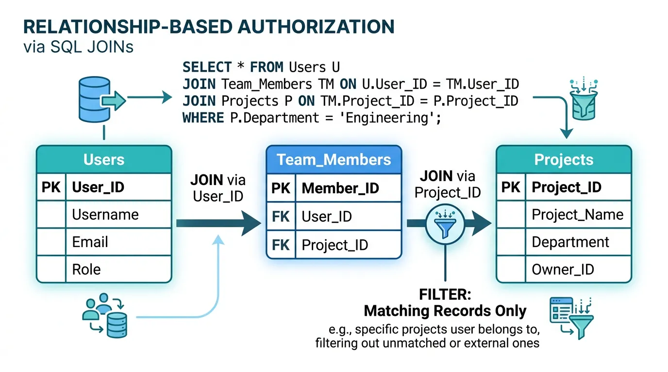 Diagram showing a Bubble relationship-based privacy rule with Team Members list translating to SQL JOIN-based query scoping across three tables