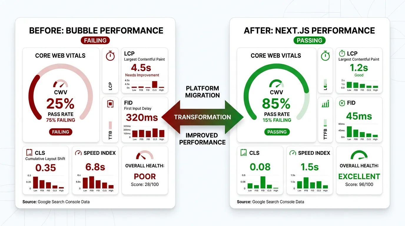 Before and after comparison showing Bubble app SEO metrics improving to pass Core Web Vitals after migration to Next.js with SSR, image optimization, and reduced JavaScript