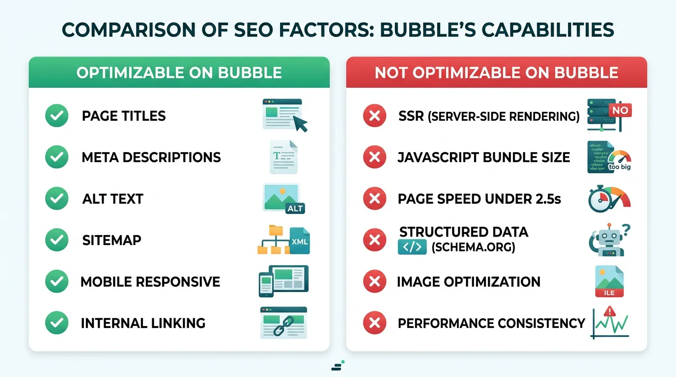 Two-column chart showing SEO factors optimizable on Bubble (titles, content, sitemap) versus architectural limitations (SSR, bundle size, page speed)