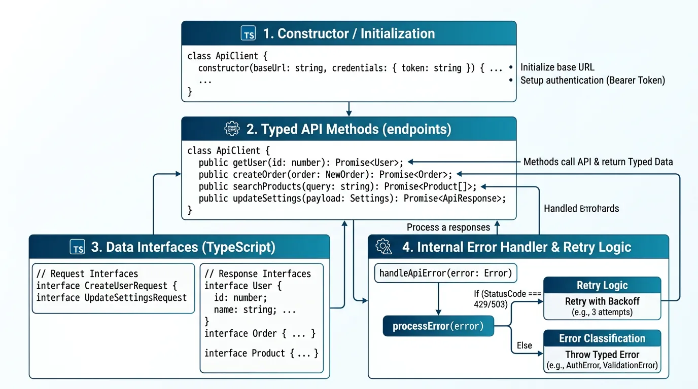 Code structure diagram showing a typed service client with constructor, typed methods, request/response interfaces, error handler, and retry logic