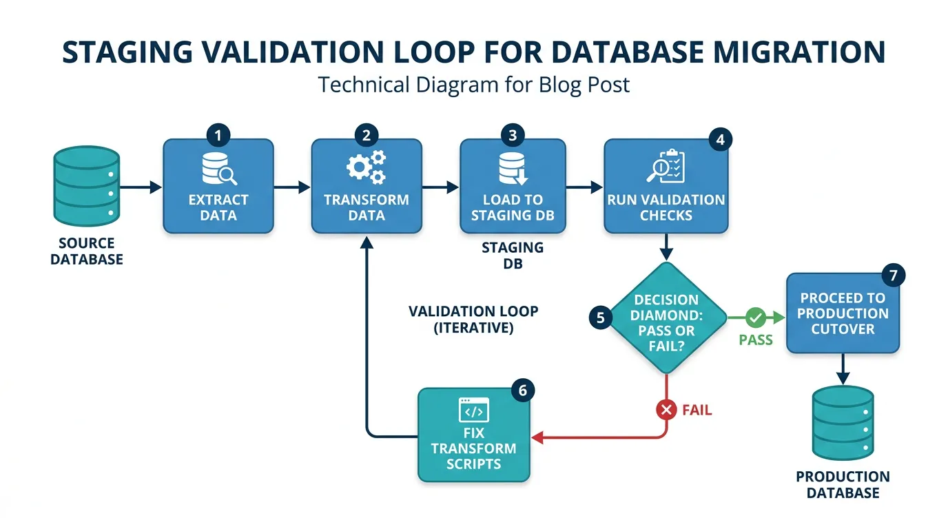 Flowchart showing the staging validation loop from extraction through validation to either fix and re-run or proceed to production cutover