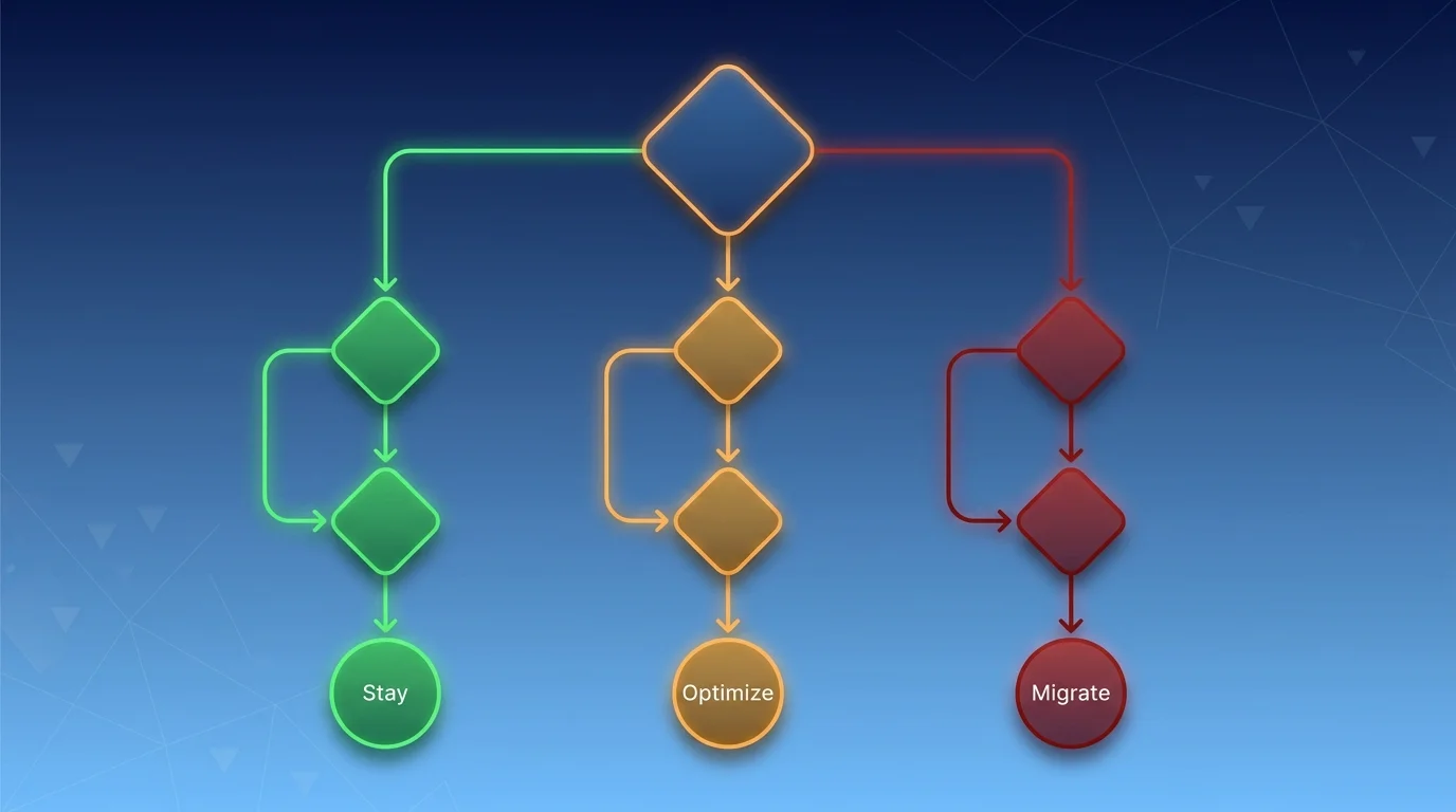 Stay, Optimize, or Migrate decision flowchart based on app situation and metrics