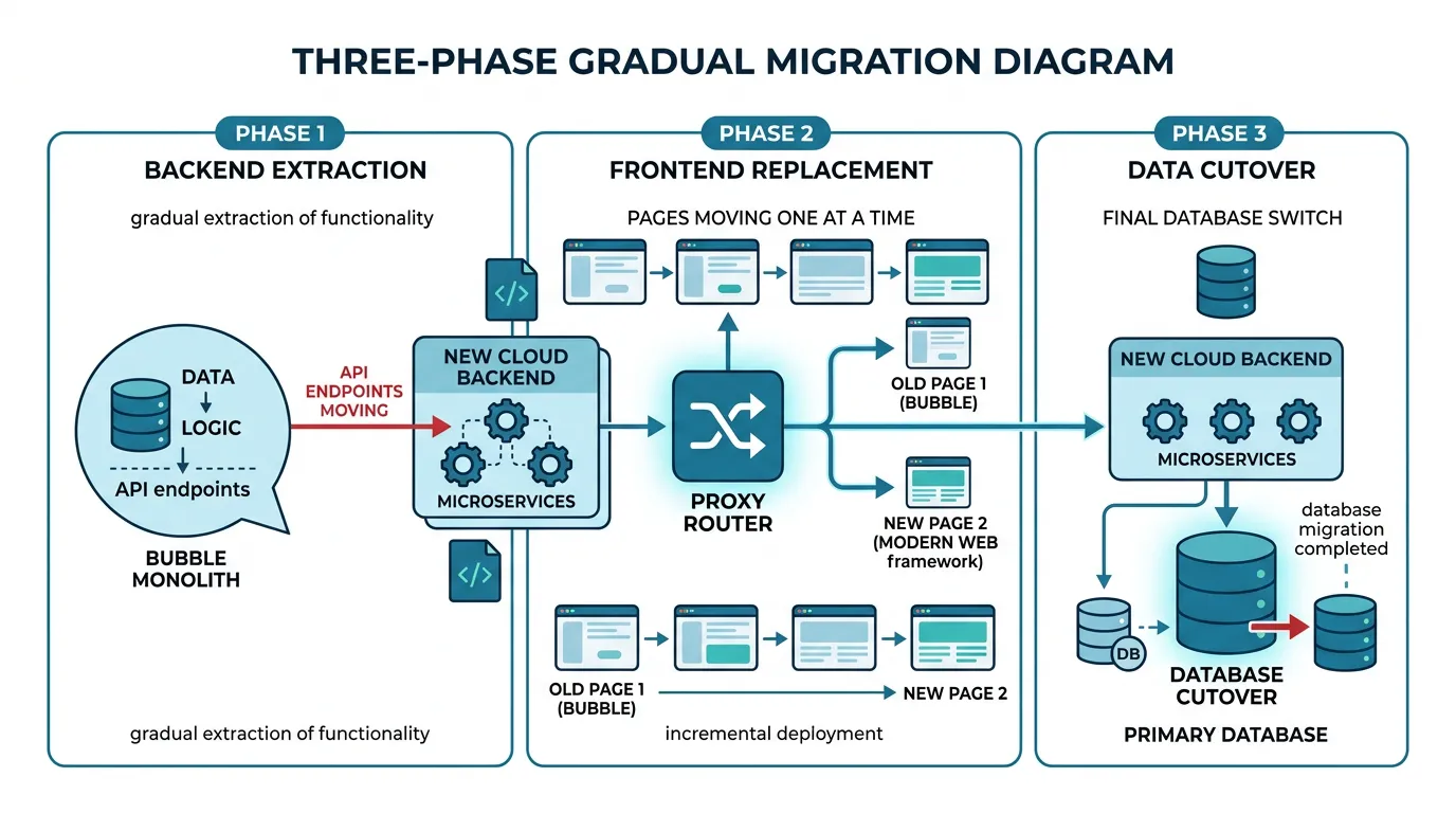 Three-phase gradual migration diagram showing Phase 1 backend extraction, Phase 2 frontend replacement, and Phase 3 data cutover with proxy routing at each stage