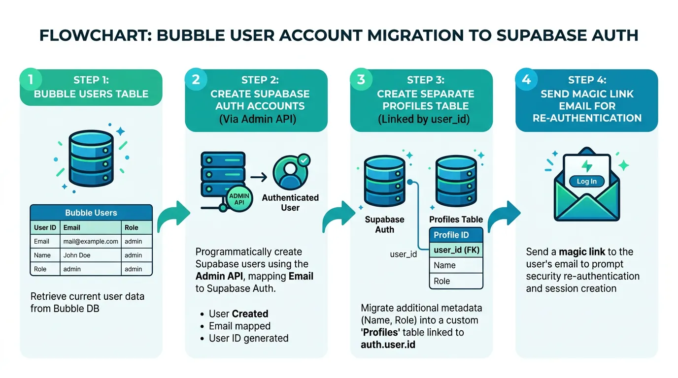 Flowchart showing Bubble user accounts migrating to Supabase Auth with separate profile table and magic link re-authentication flow
