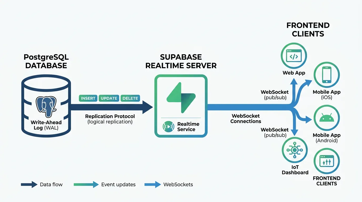Diagram showing Supabase Realtime architecture with PostgreSQL WAL feeding into the Realtime server which broadcasts changes to subscribed frontend clients via WebSocket