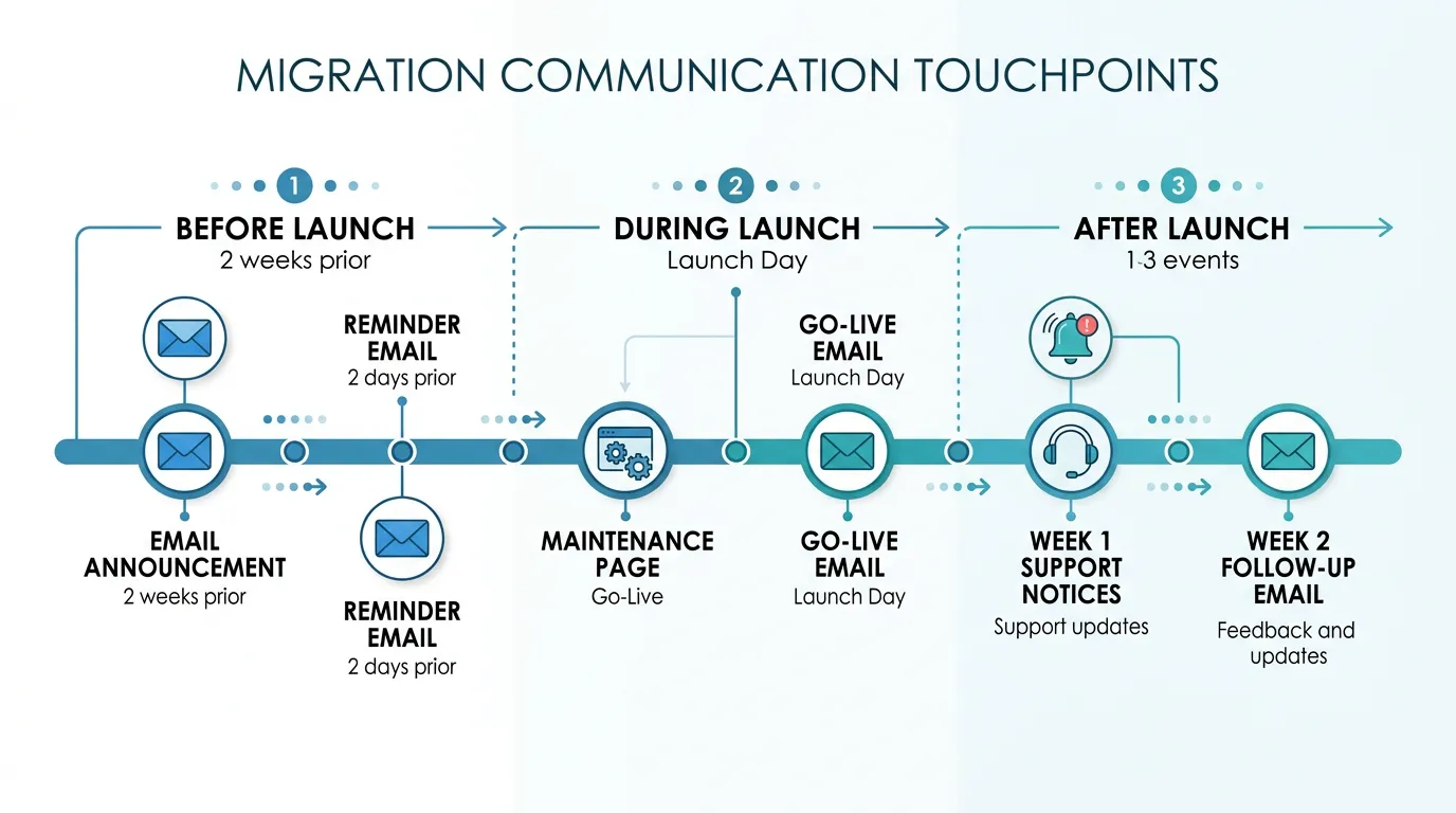 Timeline showing user communication touchpoints before, during, and after migration launch with email, in-app, and help center channels