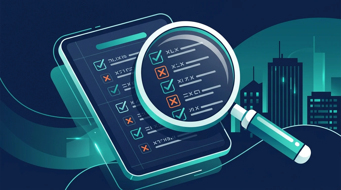 마이그레이션 에이전시를 평가하는 체크리스트와 돋보기 아이콘이 있는 다이어그램