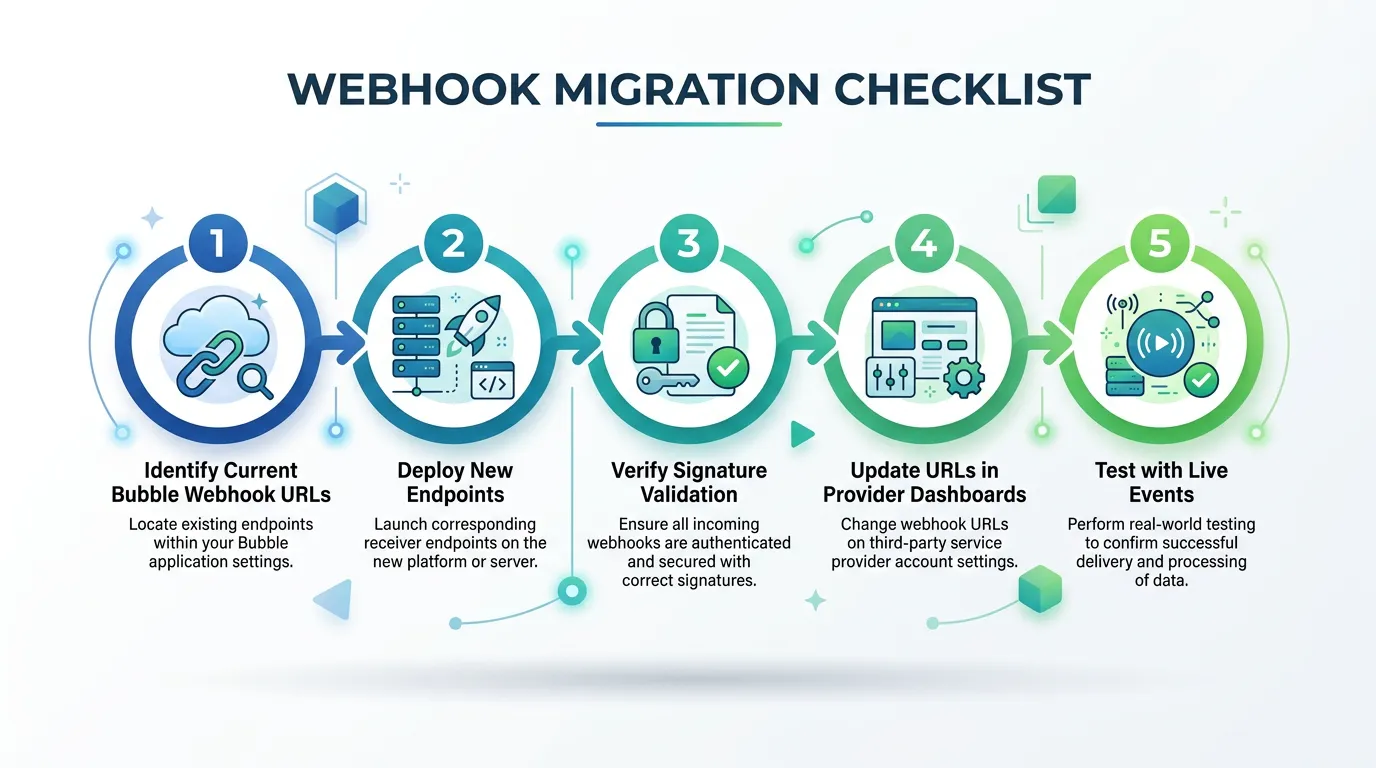 Checklist showing webhook URL update process for each external service: identify current URL, configure new endpoint, verify signatures, update in provider dashboard, test