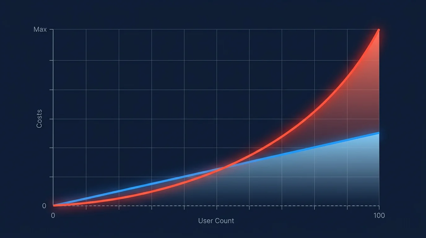 Chart showing non-linear workload unit cost growth as user base scales on Bubble.io
