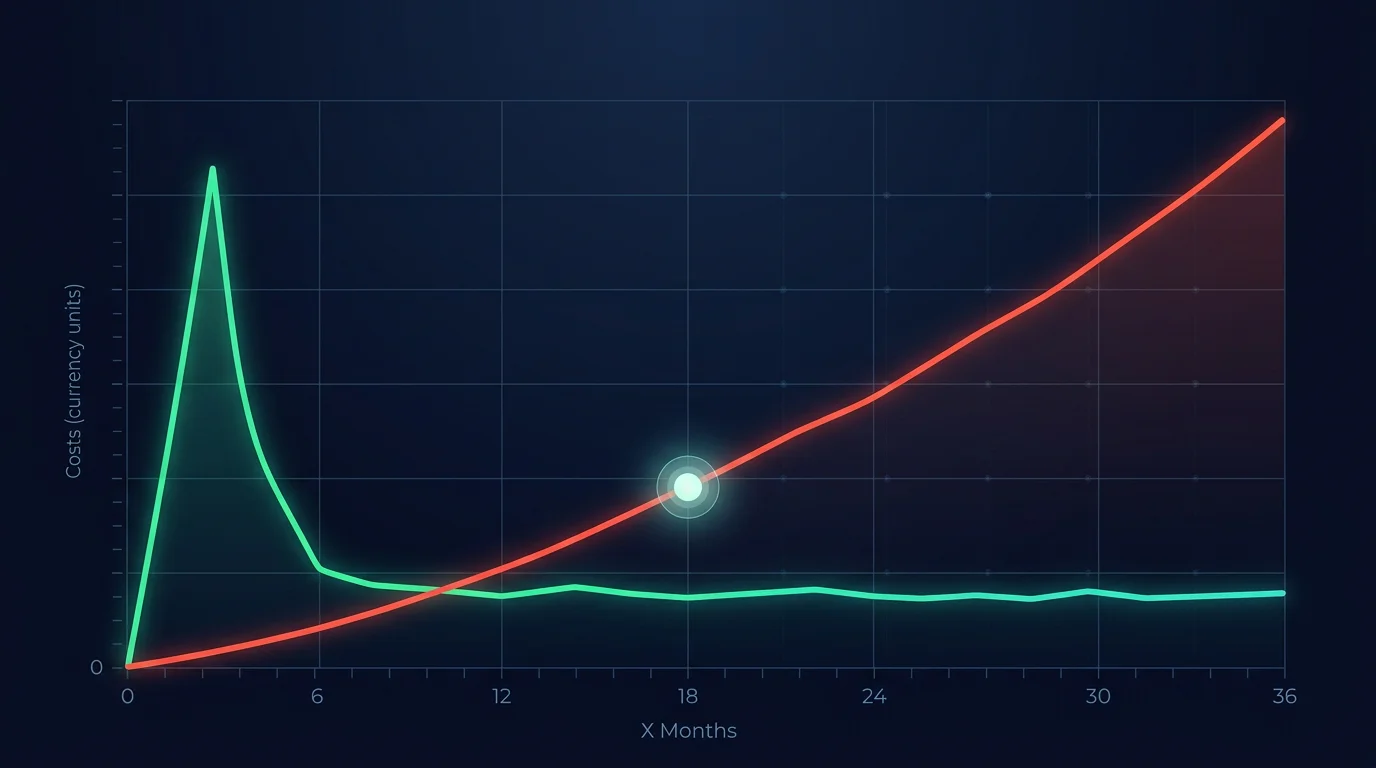 Break-even analysis chart comparing Bubble.io total cost of ownership versus custom code over 36 months